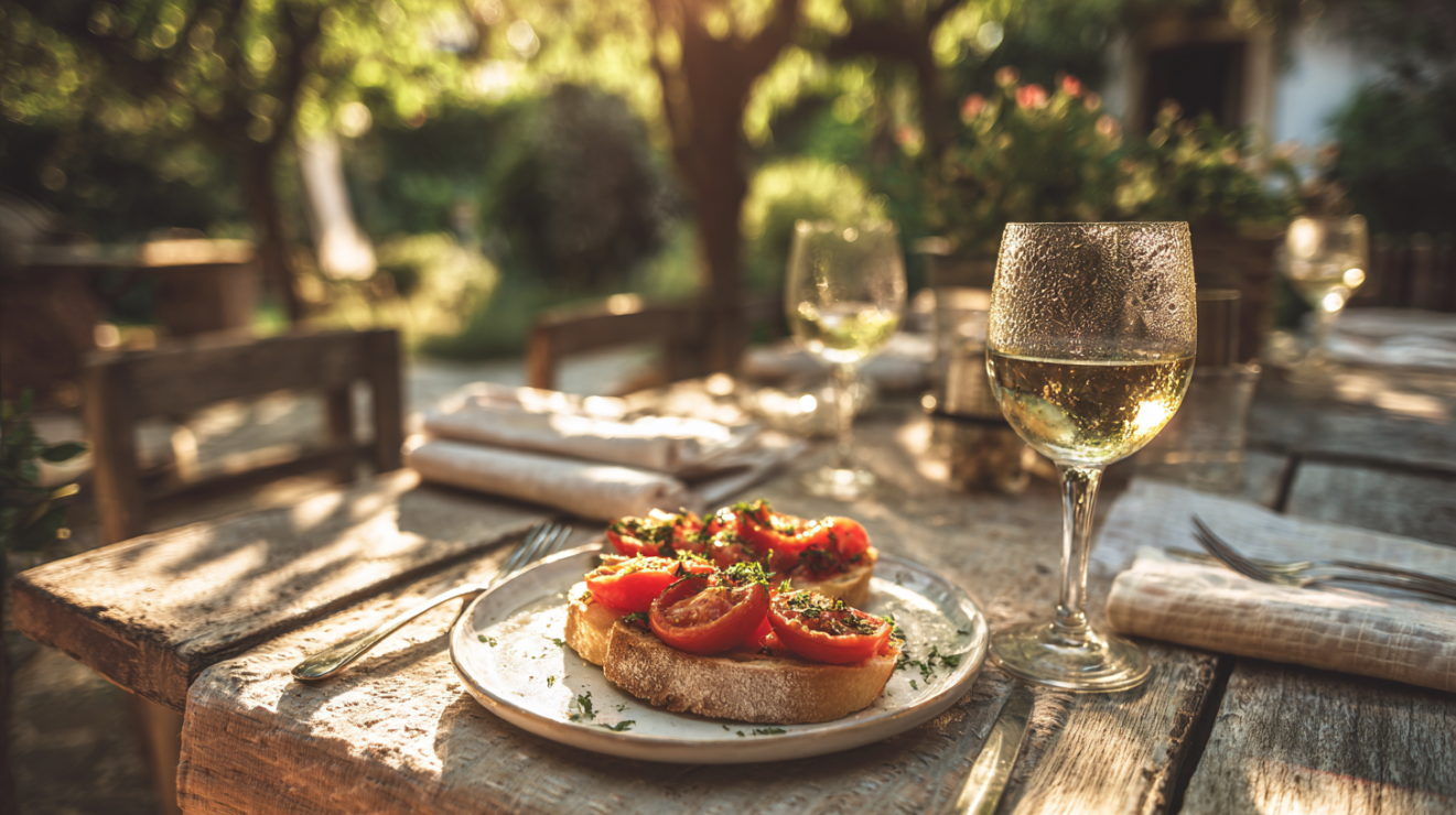 Elegant Italian summer table setting with bruschetta al pomodoro and a glass of white wine.
