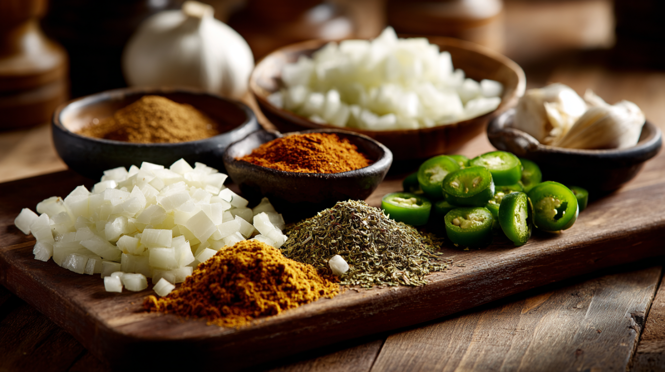 A professional Anasazi Beans Recipe: mise en place arrangement on a wooden cutting board featuring measured Southwestern spices like cumin and smoked paprika in small bowls, alongside diced white onions, minced garlic, and sliced jalapeño.