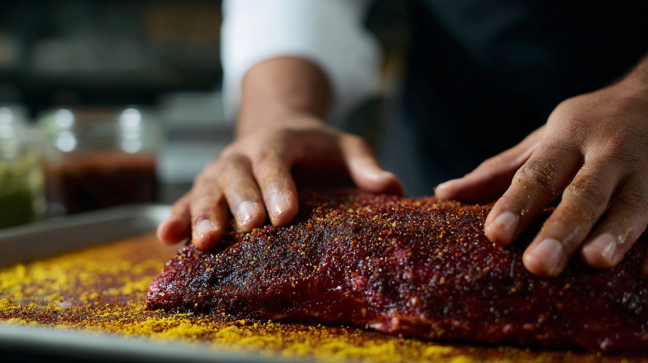 Pork butt rub applied to a raw Boston butt showing proper coverage and firm adhesion technique using a thin binder layer for optimal bark formation.