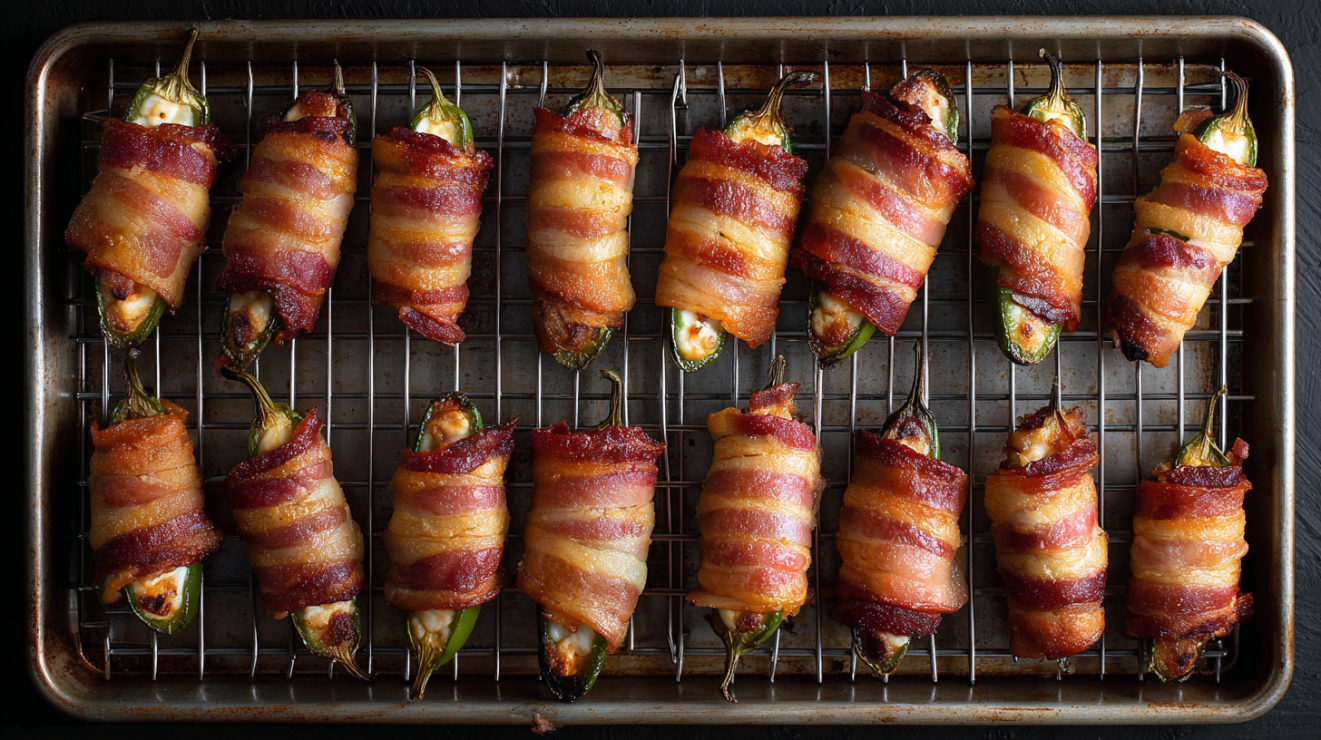 Bacon-wrapped jalapeño poppers arranged seam-side down on a wire rack with one-inch spacing for 360-degree air circulation.