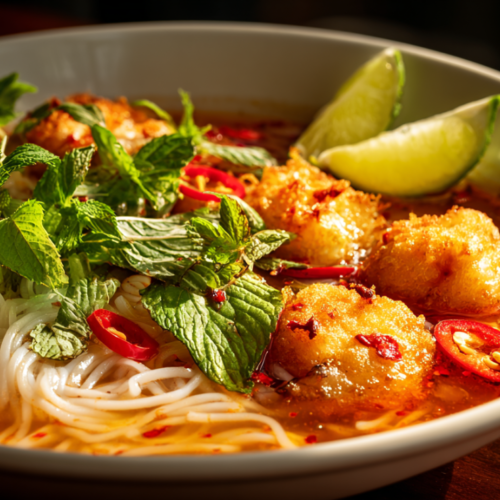 Authentic bun rieu Vietnamese crab noodle soup in a white ceramic bowl featuring tomato-red broth, floating crab-egg fritters, thin rice vermicelli, fresh green herbs, and a lime wedge on a rustic tabletop.