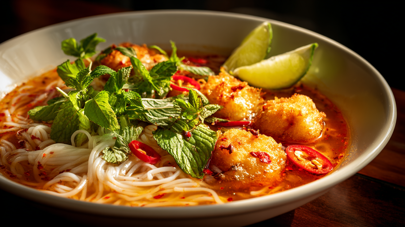 Authentic bun rieu Vietnamese crab noodle soup in a white ceramic bowl featuring tomato-red broth, floating crab-egg fritters, thin rice vermicelli, fresh green herbs, and a lime wedge on a rustic tabletop.