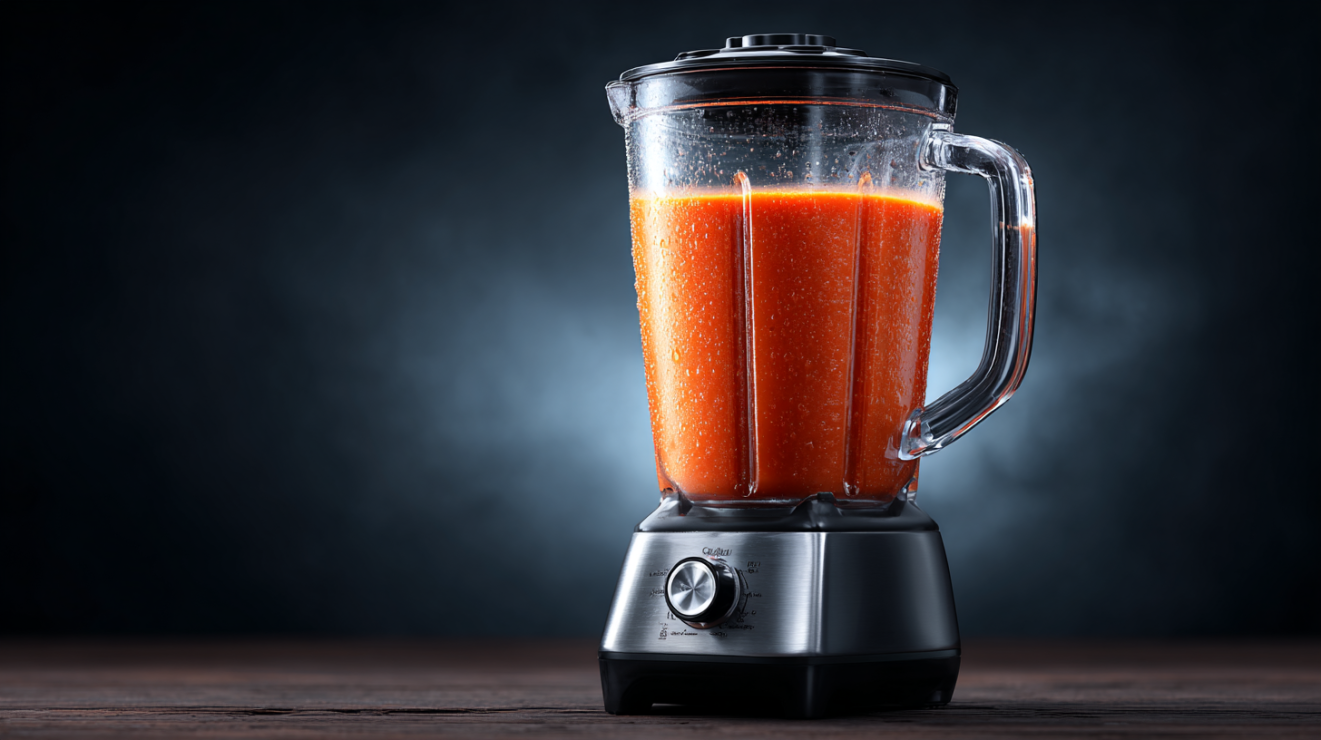 High-powered blender jar containing creamy, orange-red emulsified gazpacho mixture.