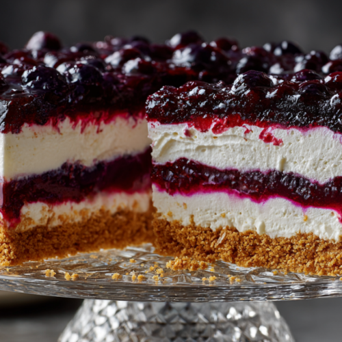 A side-view cross-section of a four-layer blueberry delight dessert served on an heirloom crystal cake stand, showing the graham cracker crust, cream cheese layer, whipped cream, and glossy blueberry topping.