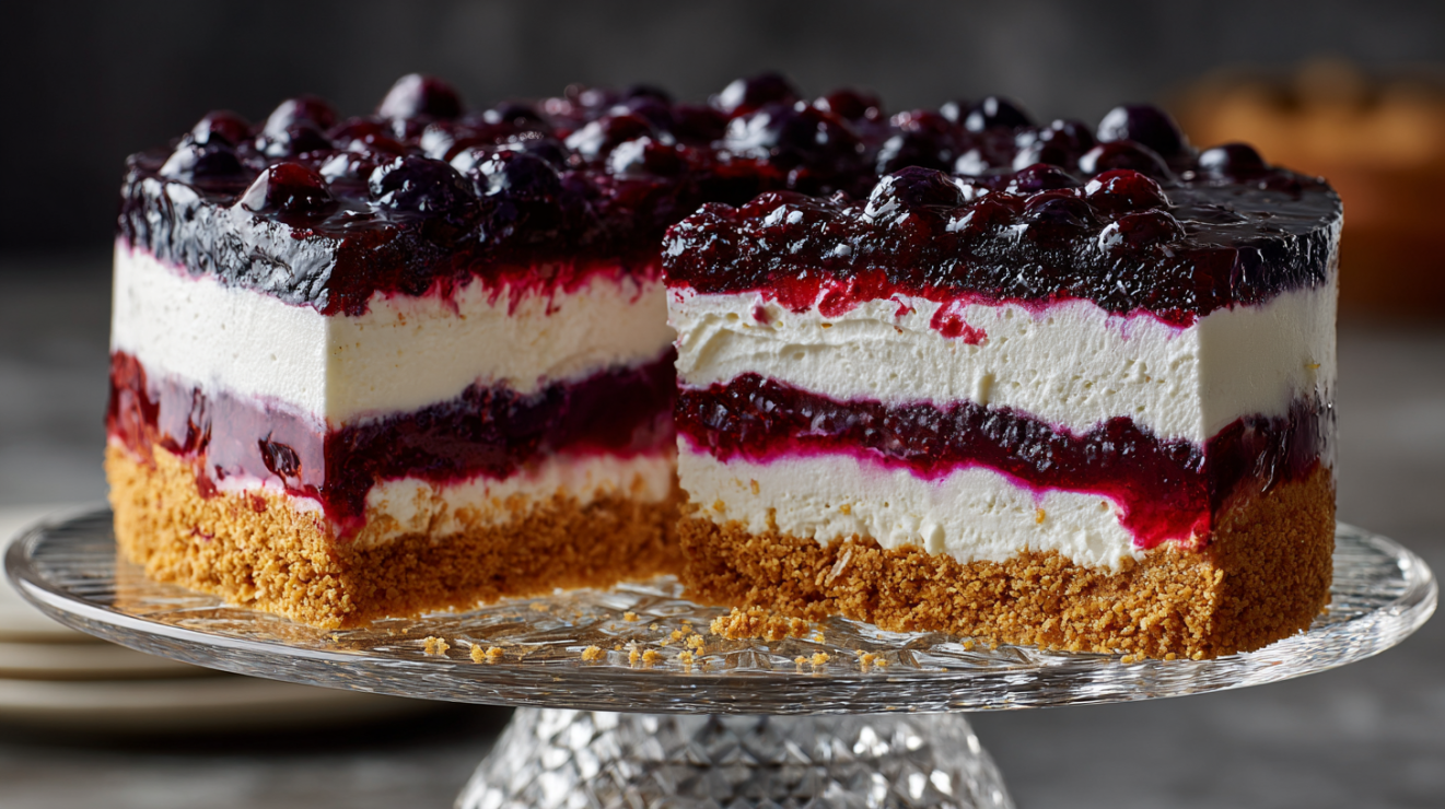 A side-view cross-section of a four-layer blueberry delight dessert served on an heirloom crystal cake stand, showing the graham cracker crust, cream cheese layer, whipped cream, and glossy blueberry topping.