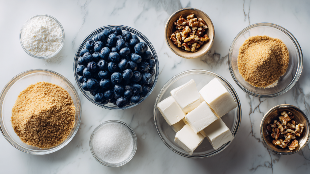 Overhead view of measured ingredients for Blueberry Delight including fresh blueberries, full-fat cream cheese blocks, graham cracker crumbs, and chopped pecans in glass prep bowls.