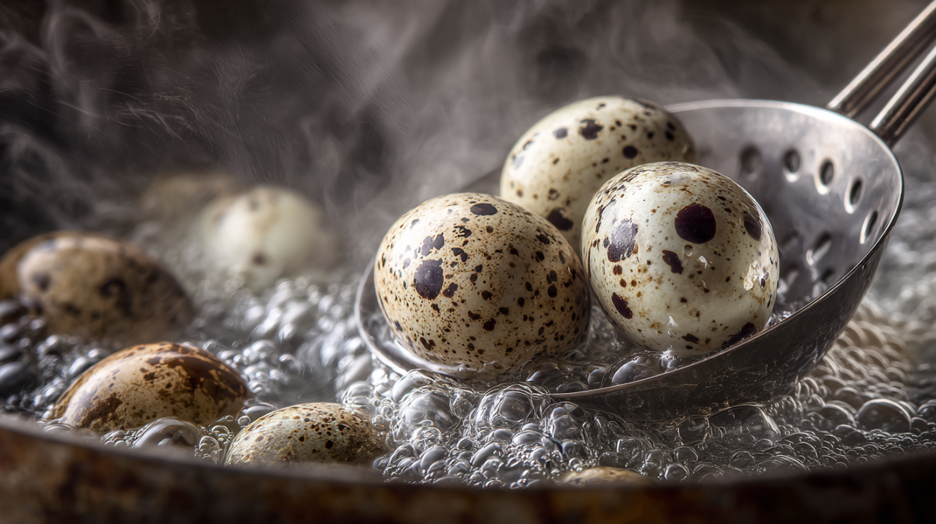 Cooking deviled quail eggs by lowering them into boiling water.