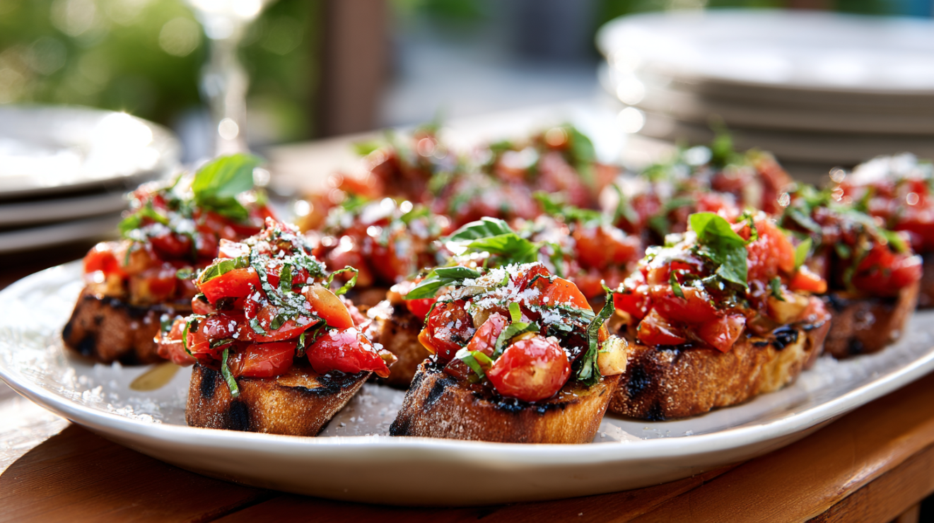 Large platter of assembled bruschetta al pomodoro garnished with fresh basil and flaky salt.