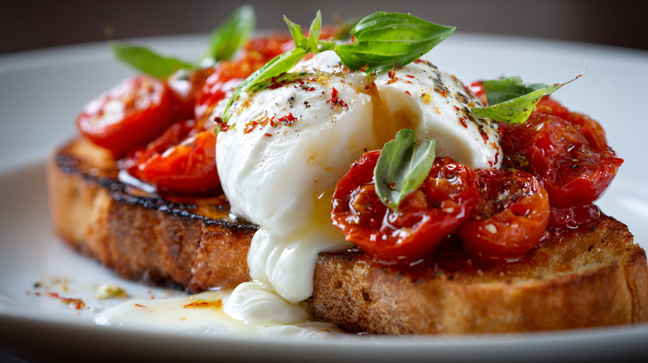 Bruschetta al pomodoro topped with torn creamy burrata cheese.