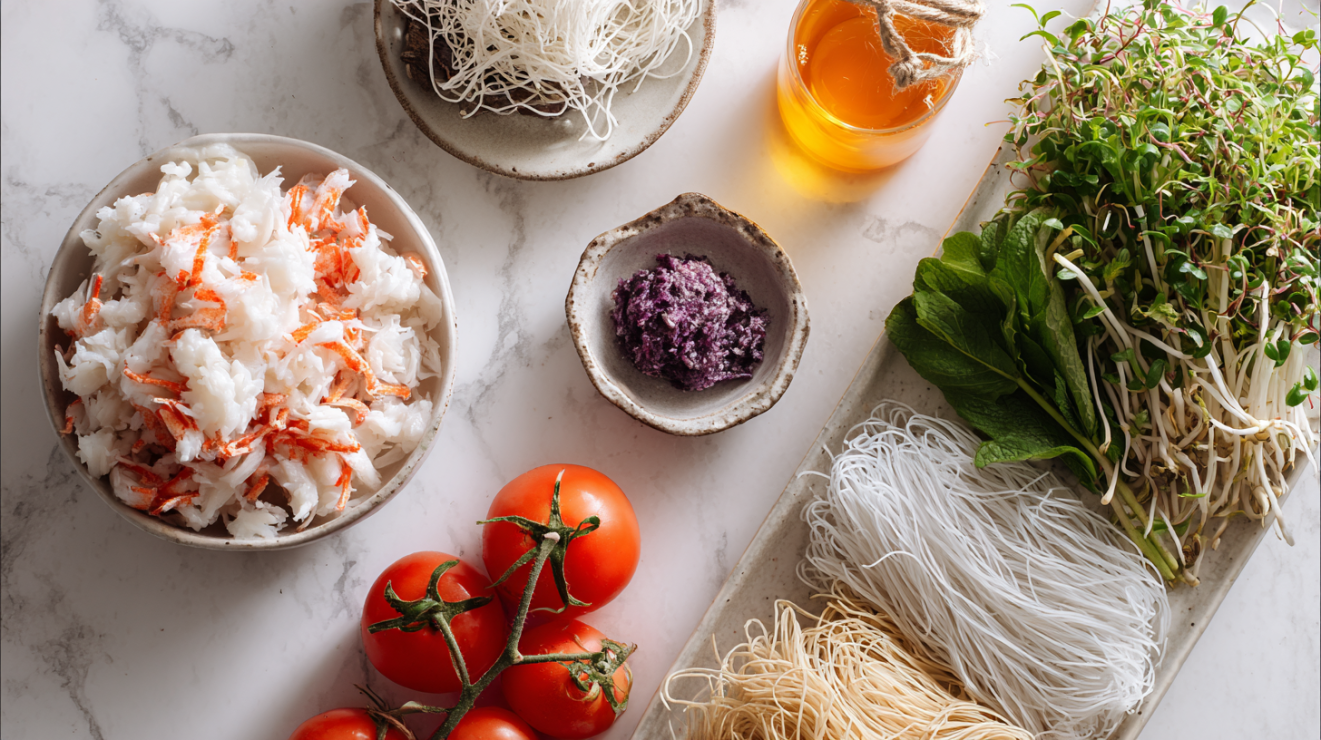 Top-down flat lay of bun rieu ingredients on a white marble surface, including fresh crab meat, tomatoes, purple-gray fermented shrimp paste, annatto seeds, dried rice vermicelli, and a variety of Vietnamese herbs.