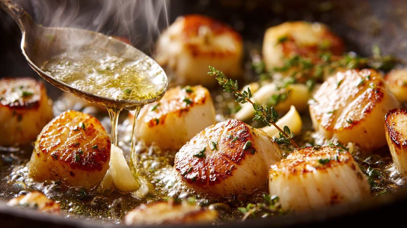 Basting seared scallops with foaming butter, garlic, and thyme using a spoon in a tilted pan.