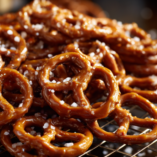 Overhead shot of finished butter toffee pretzels on a wire cooling rack, showing the glossy amber-colored hard-crack toffee coating and visible flaky sea salt crystals.