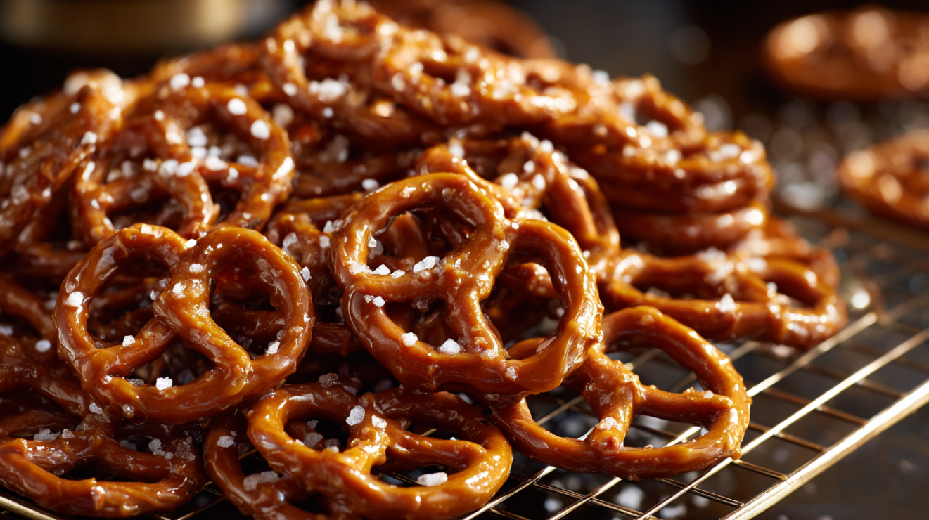 Overhead shot of finished butter toffee pretzels on a wire cooling rack, showing the glossy amber-colored hard-crack toffee coating and visible flaky sea salt crystals.