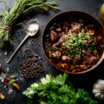 A professional overhead shot of a simmering beef stew in a copper pan on a dark slate counter with fresh herbs and garlic.