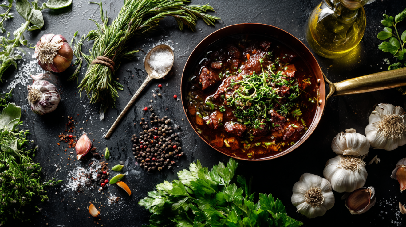 A professional overhead shot of a simmering beef stew in a copper pan on a dark slate counter with fresh herbs and garlic.