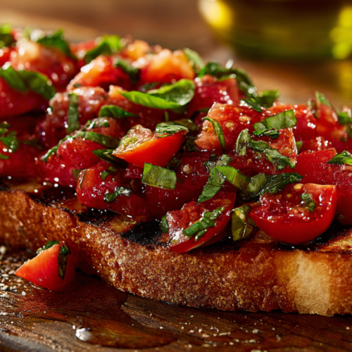 Classic bruschetta al pomodoro with fresh red tomatoes, green basil, and olive oil on charred rustic Italian bread.
