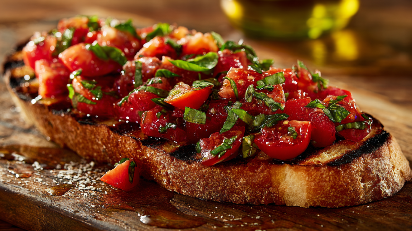 Classic bruschetta al pomodoro with fresh red tomatoes, green basil, and olive oil on charred rustic Italian bread.