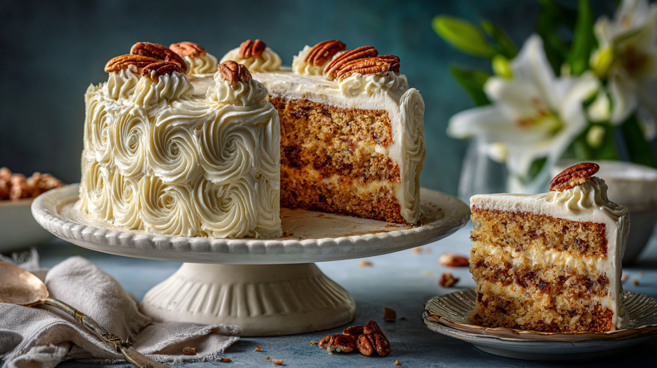 A tall, professional three-layer Hummingbird Cake featuring thick cream cheese frosting swirls, a visible moist interior crumb with banana and pineapple, and a decorative crown of golden toasted pecans, displayed on a vintage ceramic cake stand.