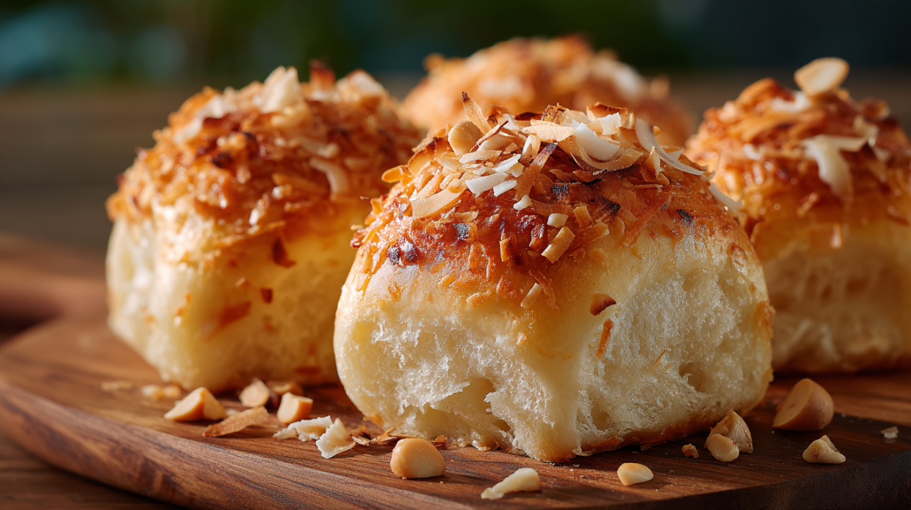 Hawaiian dinner rolls topped with shredded coconut and macadamia nuts.