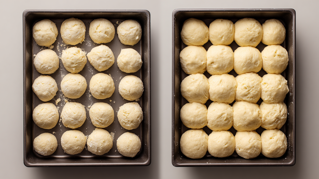 Side-by-side comparison of two pans showing properly proofed rolls versus under-proofed rolls.