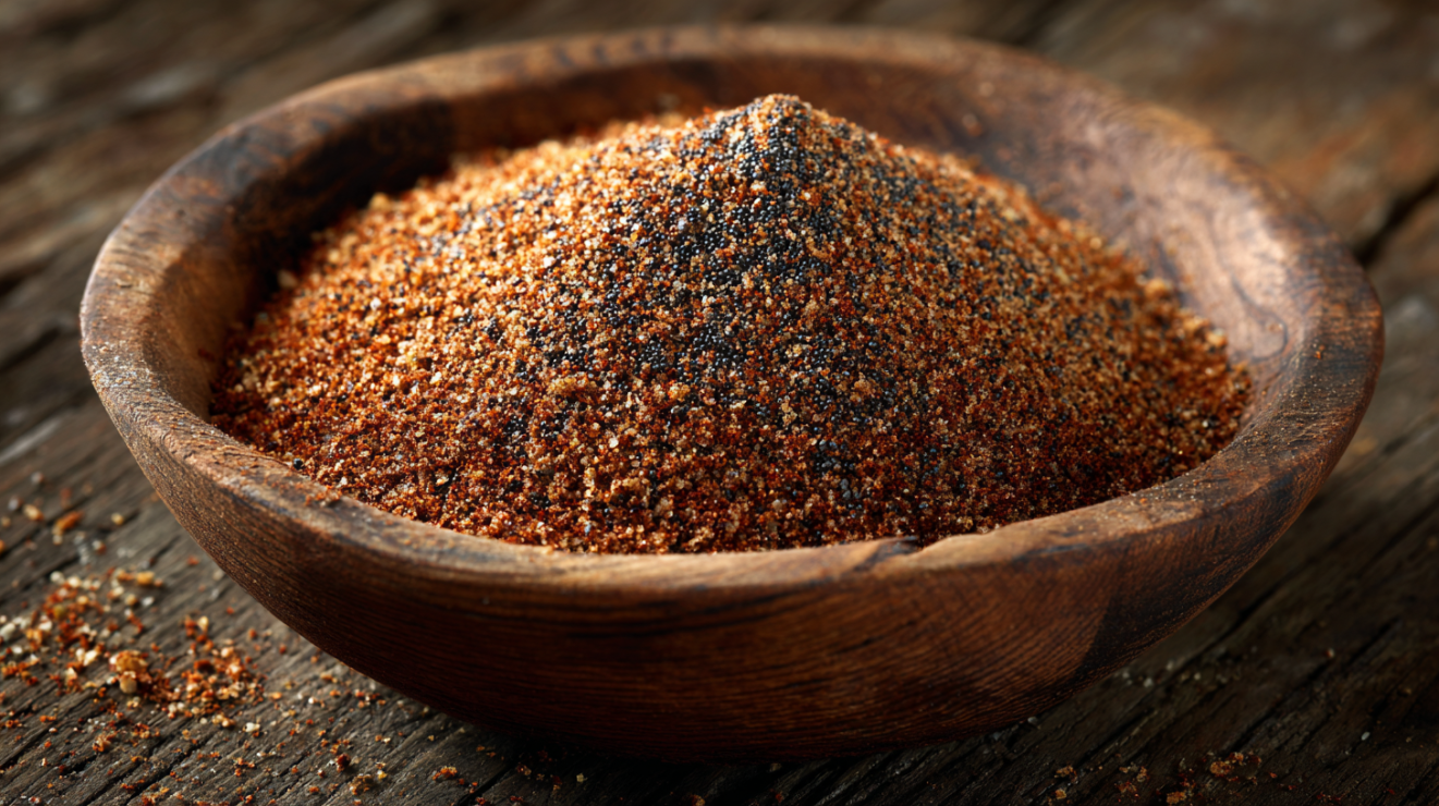 Overhead shot of the completed pork butt rub showing a competition-style dry rub blend with smoked paprika and dark brown sugar in a rustic wooden bowl with uniform texture.