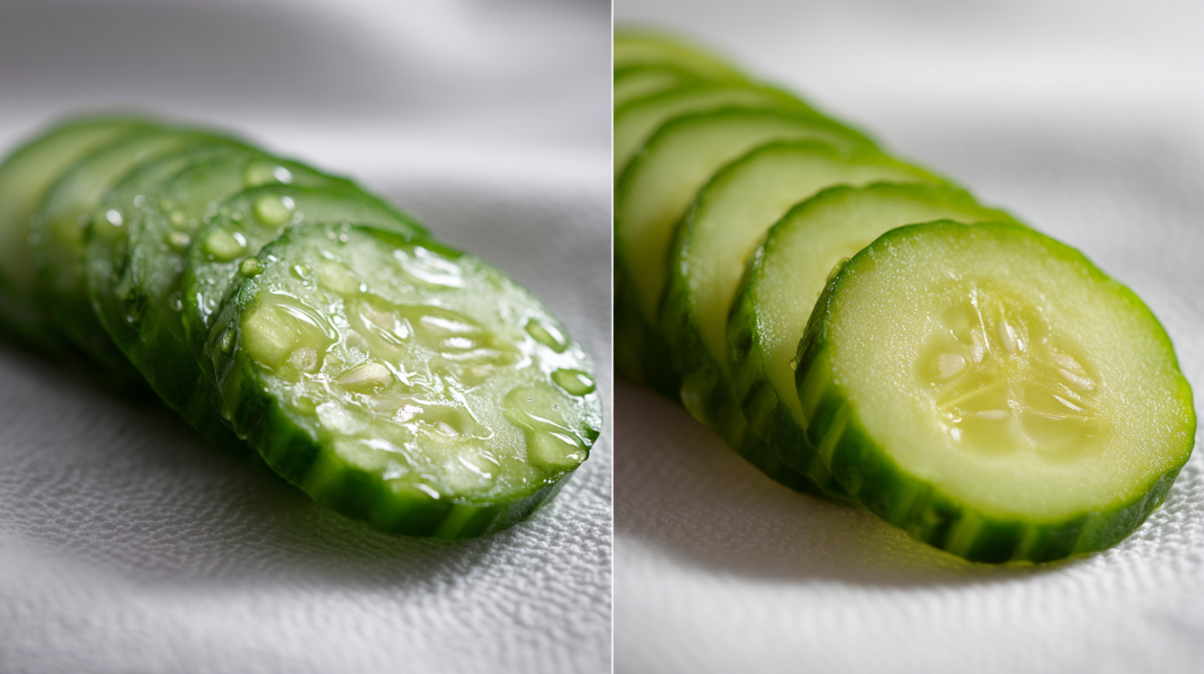 Comparison of wet cucumber slices with water droplets vs. dry cucumber slices on paper towels. 