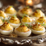 Deviled quail eggs arranged on an elegant silver platter for a Southern cocktail party.