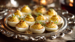 Deviled quail eggs arranged on an elegant silver platter for a Southern cocktail party.