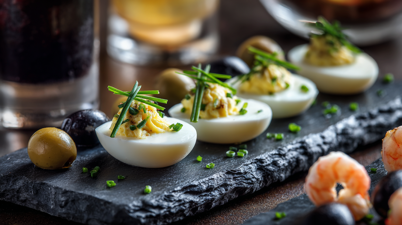 Elegant deviled quail eggs presentation on slate serving board.