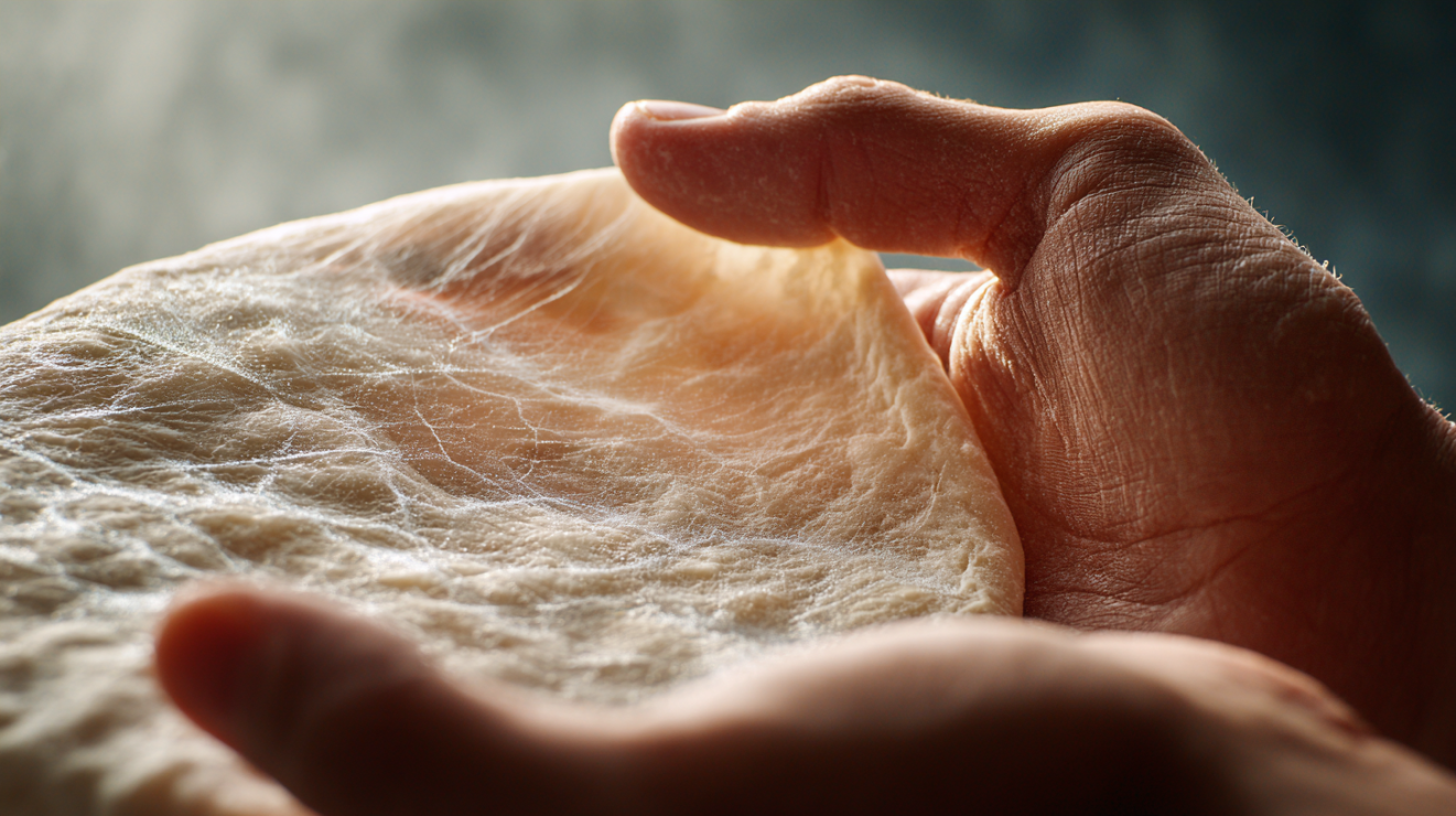 Hands stretching dough to demonstrate the windowpane test for gluten development.