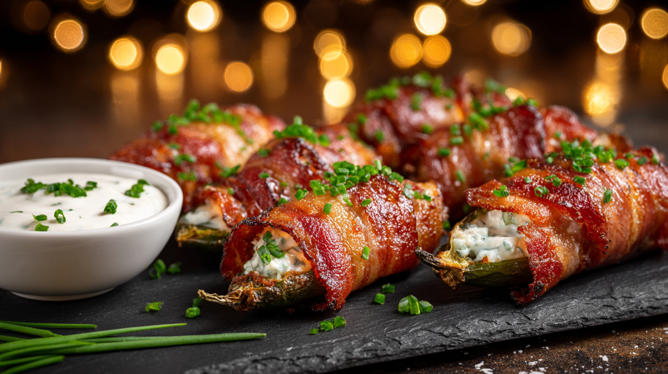 Plated bacon-wrapped jalapeño poppers on a slate board, garnished with fresh chives and served with a side of ranch dressing.