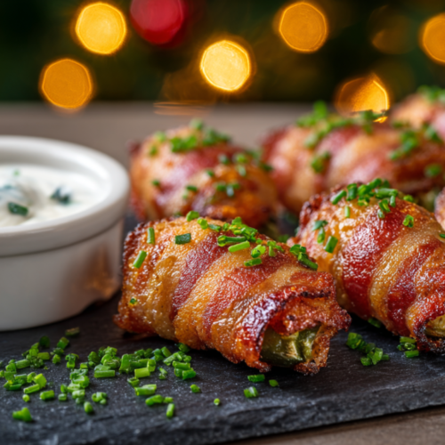 Plated bacon-wrapped jalapeño poppers on a slate board, garnished with fresh chives and served with a side of ranch dressing.