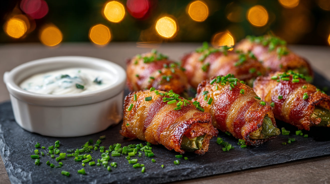 Plated bacon-wrapped jalapeño poppers on a slate board, garnished with fresh chives and served with a side of ranch dressing.
