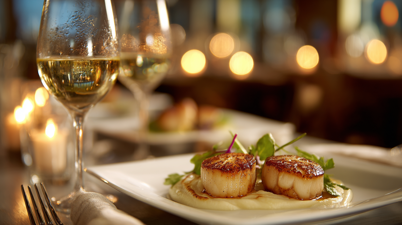 An elegant dinner setting featuring plated seared scallops on parsnip purée paired with a glass of white wine.
