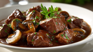 A white ceramic dish filled with fork-tender beef tips smothered in a rich mahogany mushroom and onion gravy, garnished with fresh green parsley