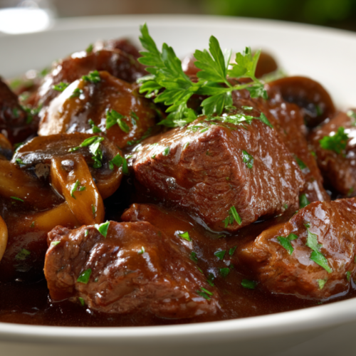 A white ceramic dish filled with fork-tender beef tips smothered in a rich mahogany mushroom and onion gravy, garnished with fresh green parsley