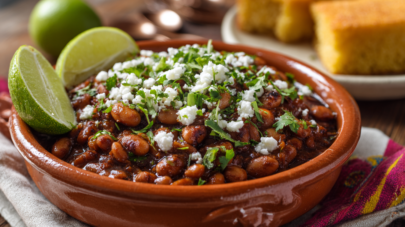 A rustic clay bowl filled with creamy Anasazi beans and their deep-flavored pot liquor, garnished with fresh cilantro, crumbled white cotija cheese, a lime wedge, and served with a side of golden cornbread.