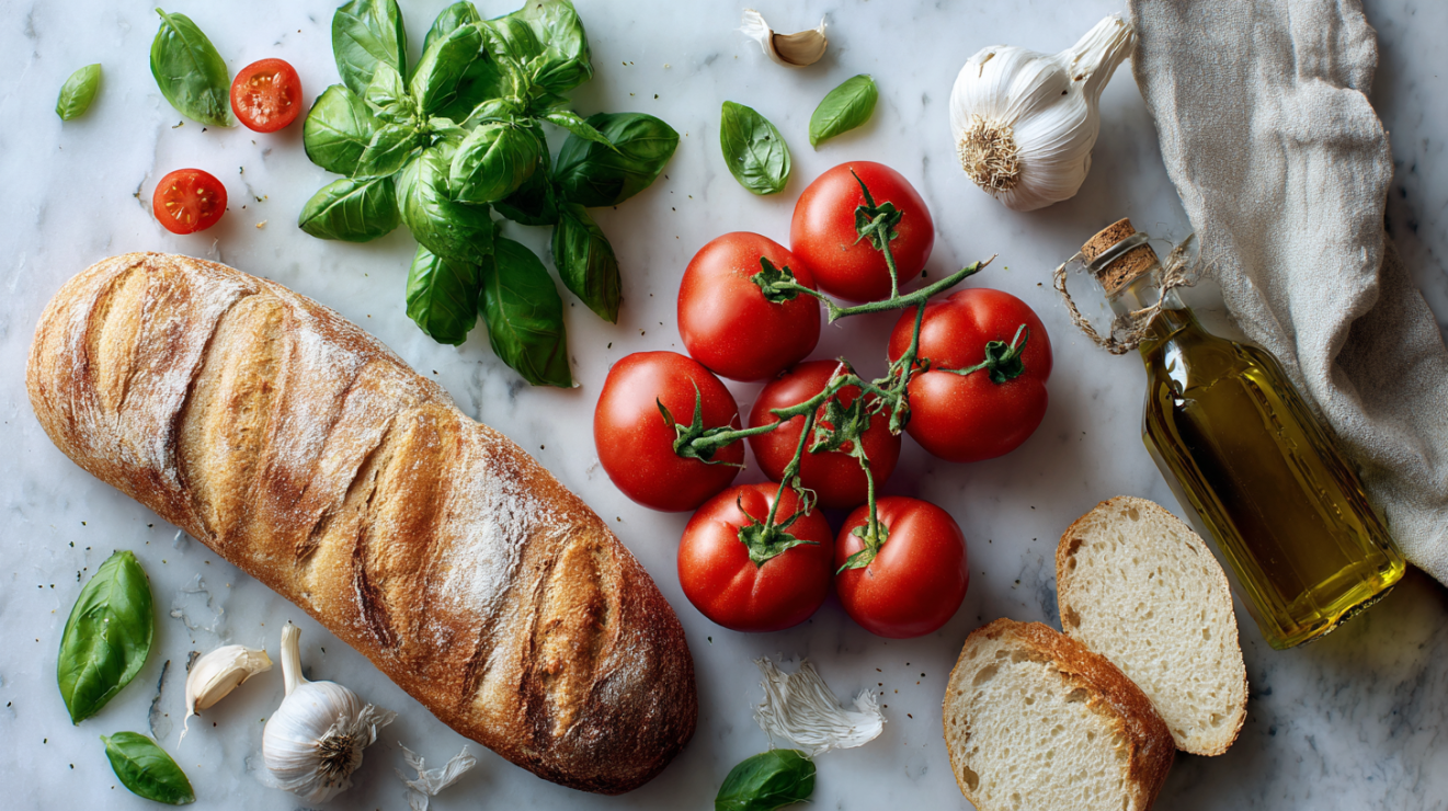 Flat lay of fresh bruschetta ingredients including ripe heirloom tomatoes, rustic bread loaf, garlic bulbs, fresh basil, and premium olive oil.