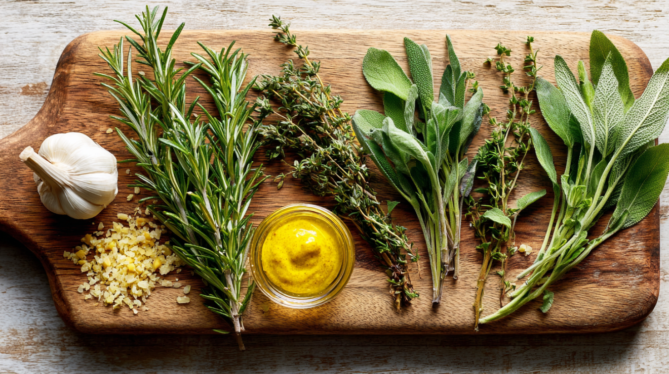 Fresh sprigs of rosemary, thyme, sage, and oregano arranged on a cutting board next to a bowl of Dijon mustard and minced garlic cloves.