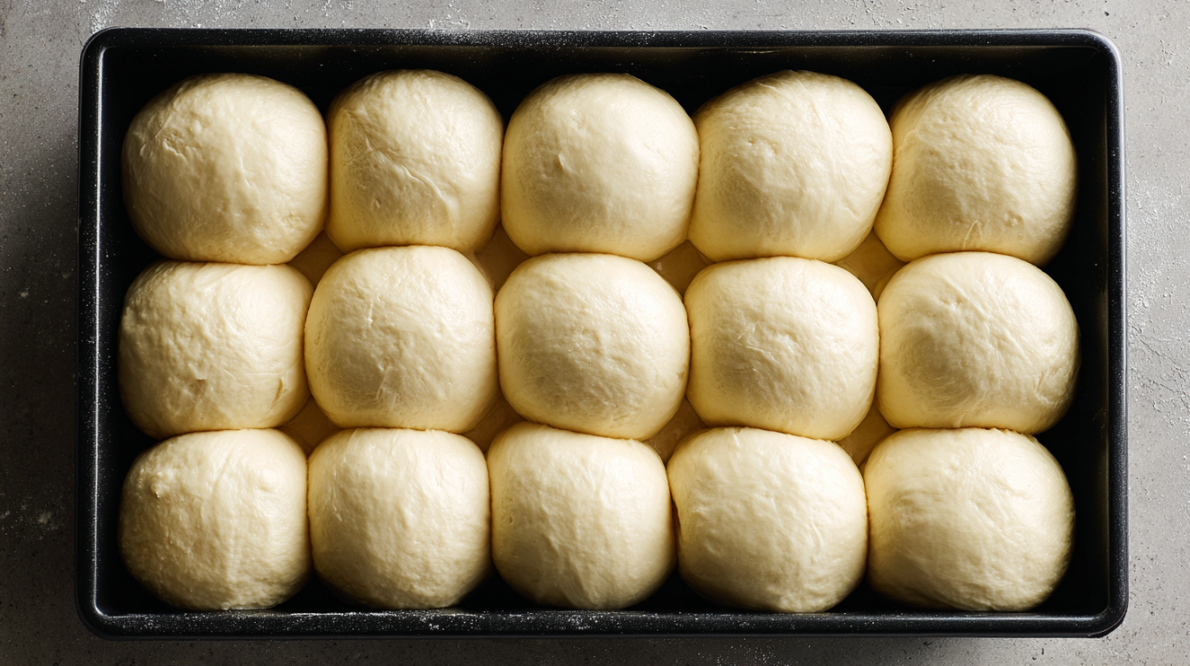 Fully proofed dough balls in a pan, puffy and touching each other, ready for the oven.