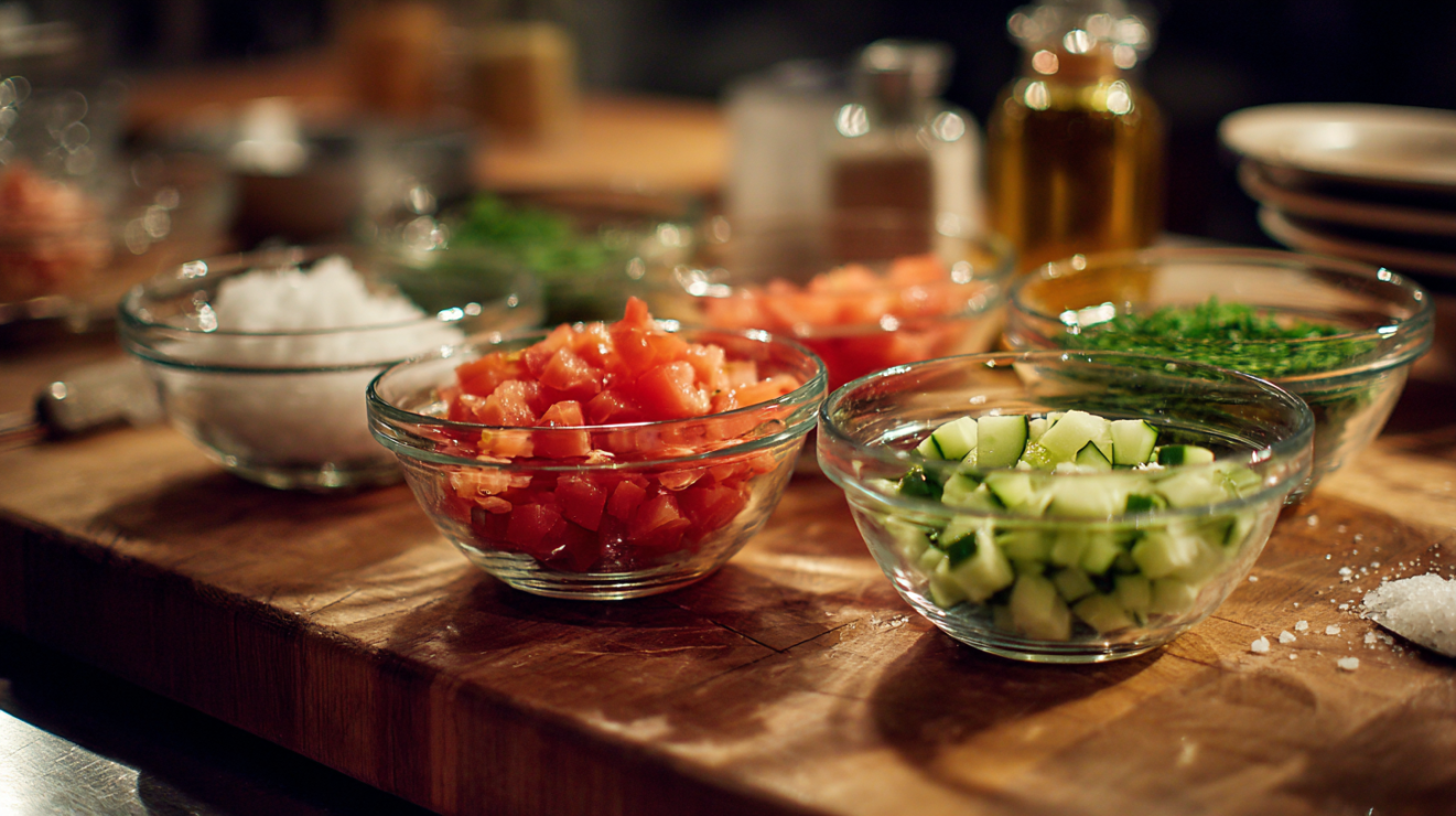 Mise en place arrangement of chopped tomatoes, cucumbers, and seasonings in glass bowls for gazpacho preparation.
