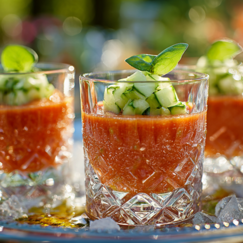 Three elegant gazpacho shooters served in crystal glasses on a bed of crushed ice, garnished with fresh basil and olive oil, set against a summer garden background.