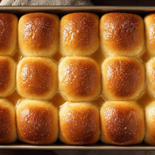 Overhead view of golden brown Hawaiian dinner rolls in a 9x13 baking pan, showing the soft pull-apart texture.