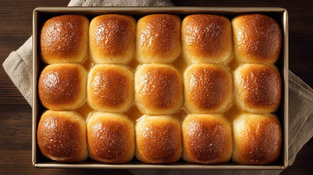 Overhead view of golden brown Hawaiian dinner rolls in a 9x13 baking pan, showing the soft pull-apart texture.