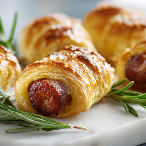 Close-up of homemade pigs in a blanket made with flaky all-butter puff pastry, featuring visible golden layers and a crispy exterior, arranged on a white marble serving board with fresh green herb garnishes.