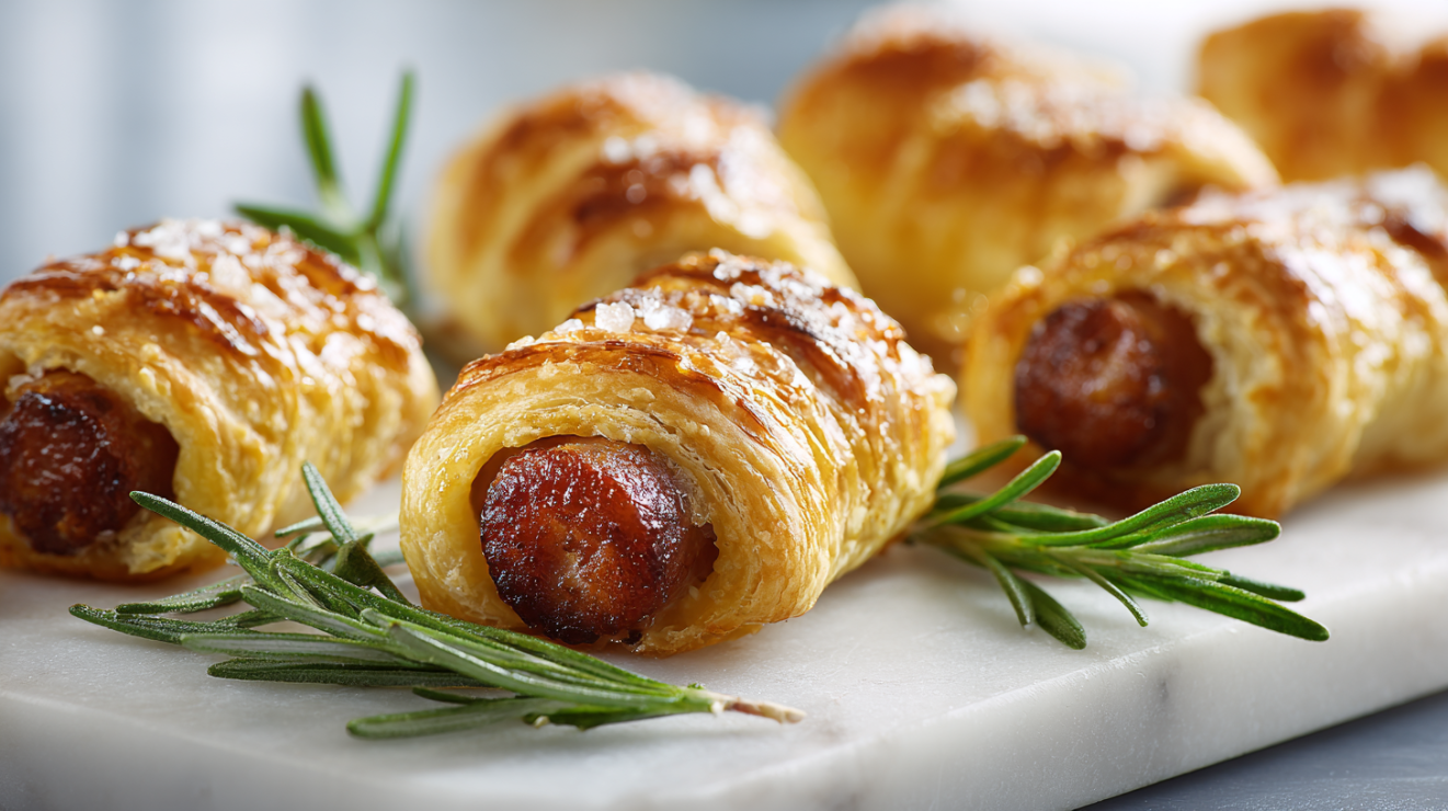Close-up of homemade pigs in a blanket made with flaky all-butter puff pastry, featuring visible golden layers and a crispy exterior, arranged on a white marble serving board with fresh green herb garnishes.