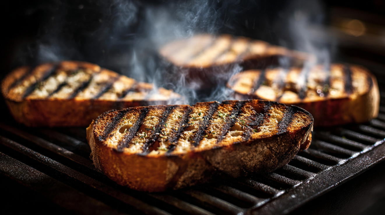 Slices of rustic Italian bread on a hot grill showing deep golden-brown char marks and smoke.