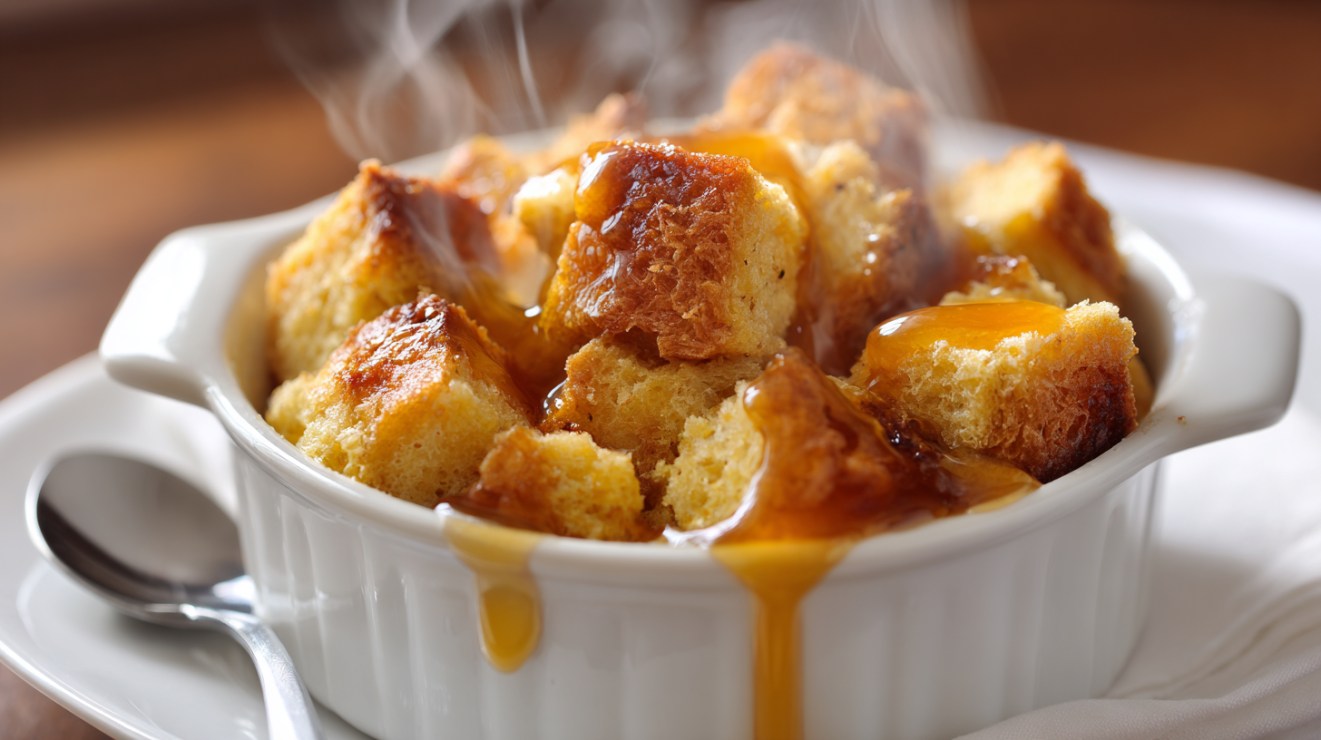 Bread pudding made from leftover Hawaiian rolls, drizzled with caramel sauce in a white baking dish.
