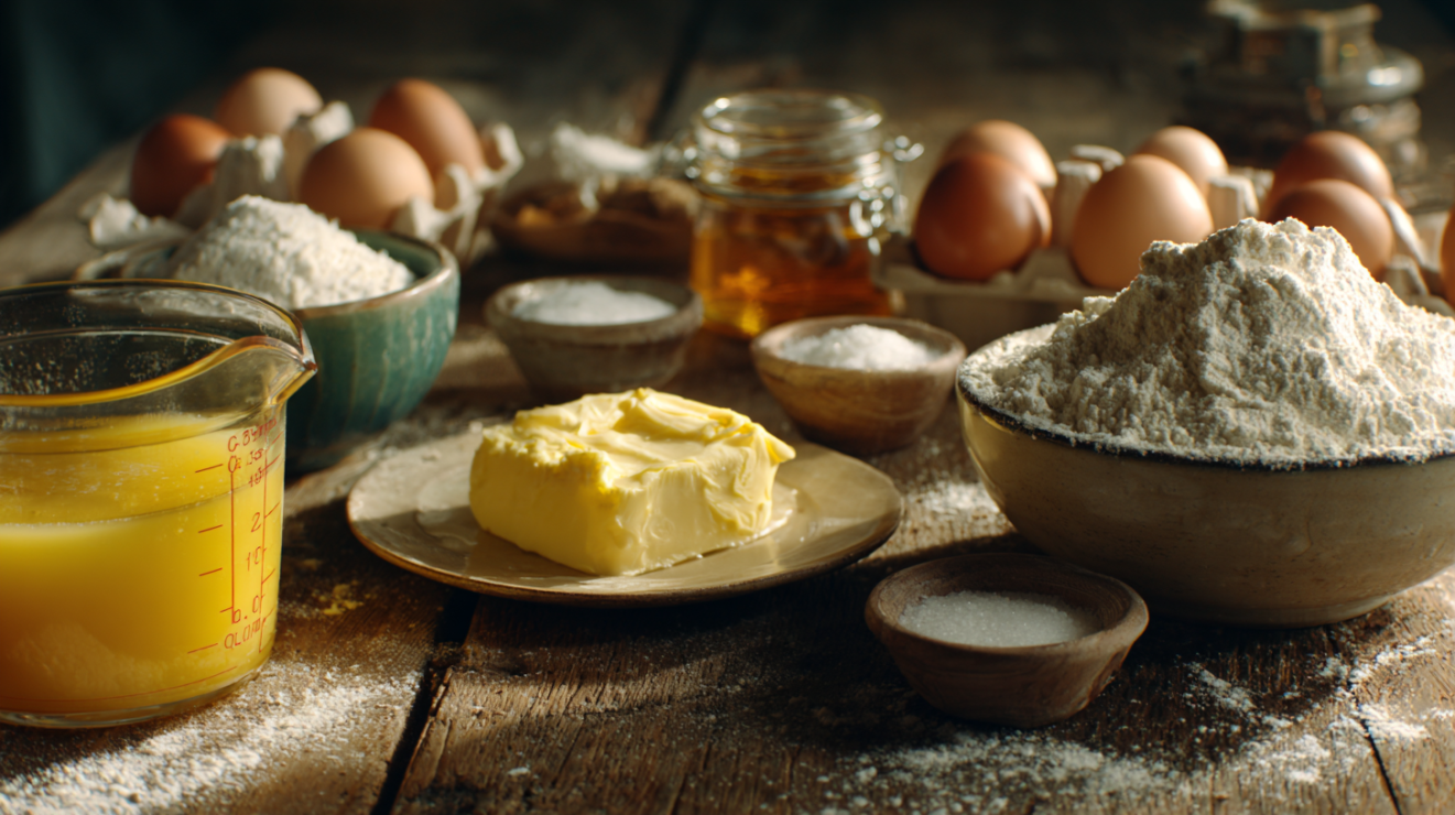 Mise en place for Hawaiian rolls featuring pineapple juice, bread flour, softened butter, and eggs on a wooden table.