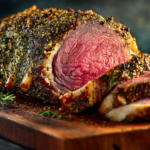A whole herb-crusted prime rib roast prepared using the reverse sear method, featuring a dark mahogany herb crust and a perfectly uniform pink medium-rare interior fanned out on a wooden board.